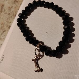 Black Beaded Bracelet with Silver Bone Charm